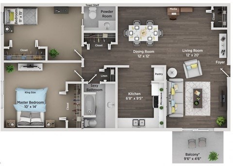 Floor plan for 2 beds, 1.5 baths, 1100 sqft